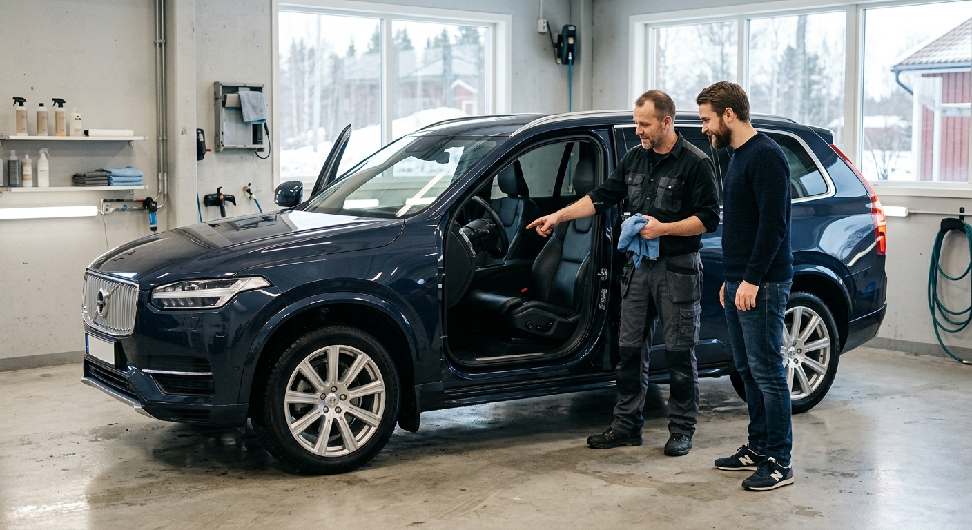 Bilägare kontrollerar resultatet efter professionell bilrekond