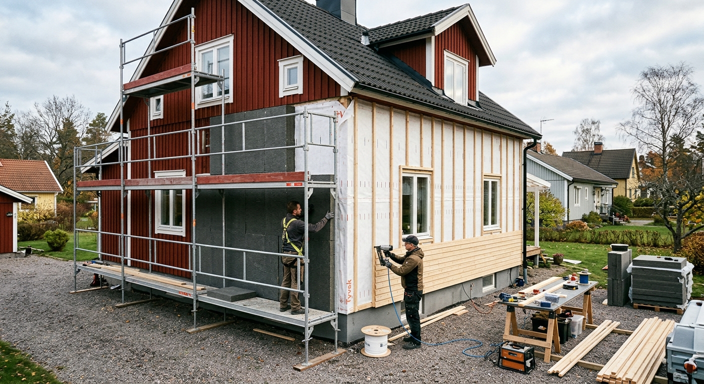 Husfasad under renovering med utvändig isolering och ny träpanel