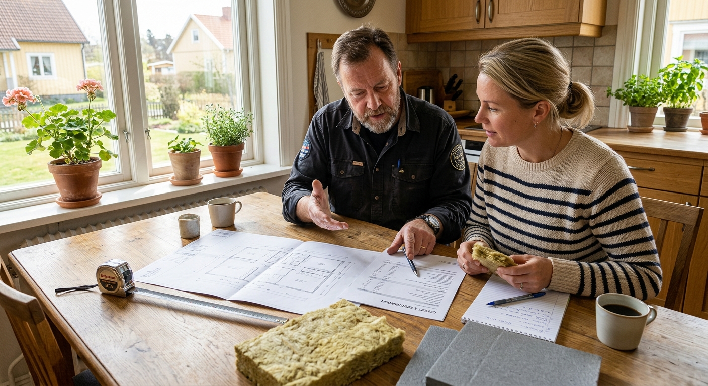Husägare och byggentreprenör går igenom ritning och offert vid ett köksbord