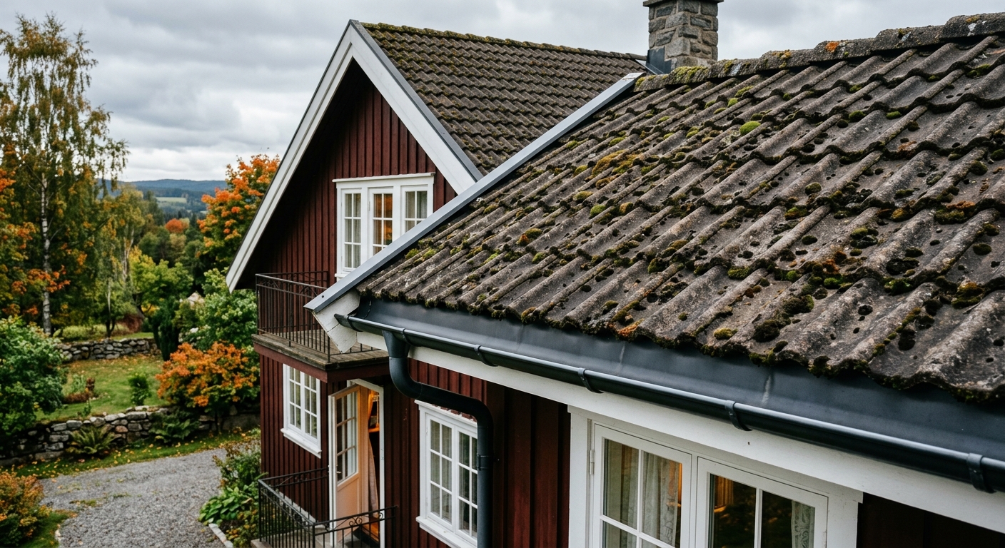 Betongpannetak med påväxt och rena hängrännor