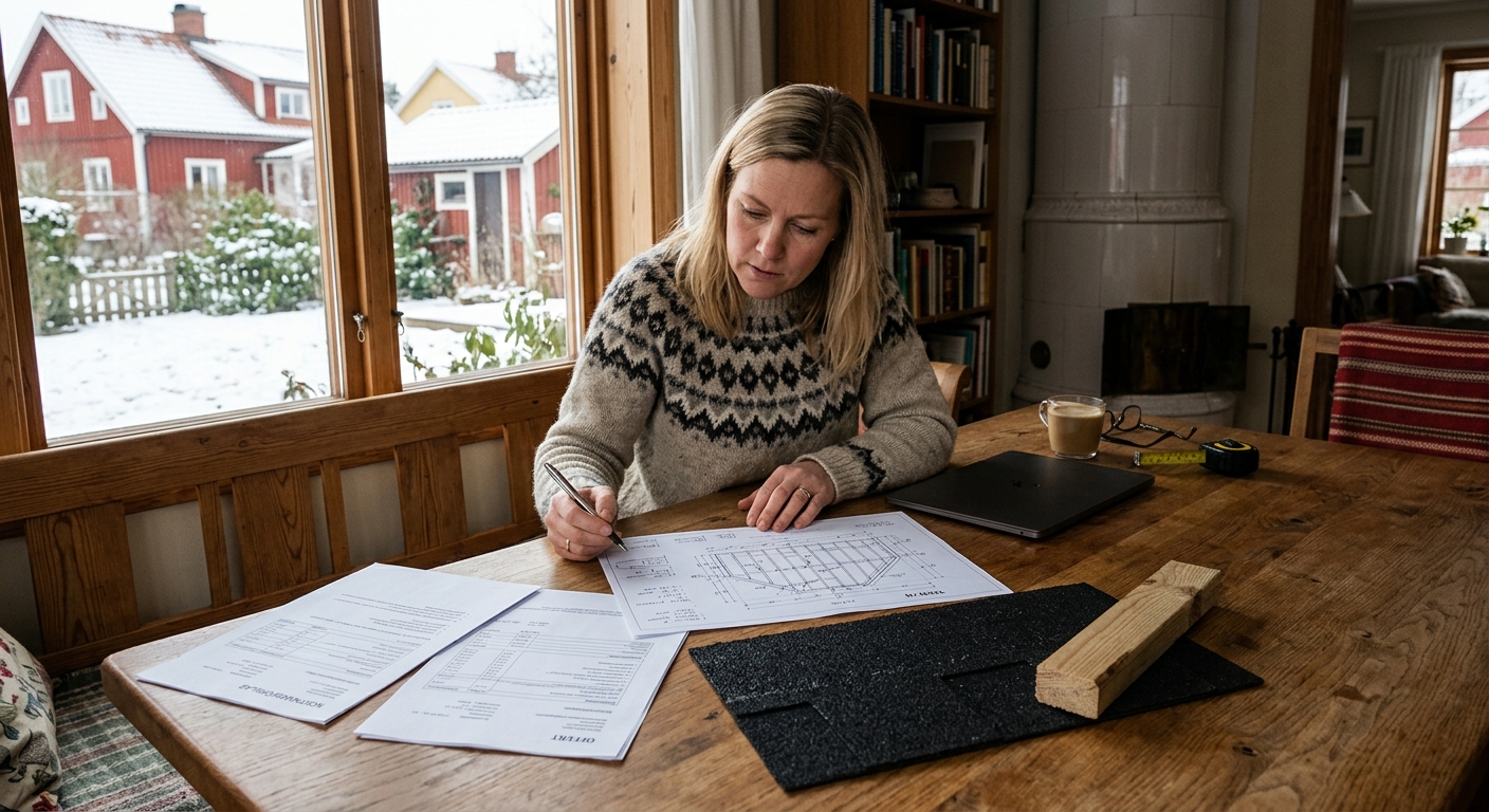 Husägare jämför specificerade takofferter vid ett bord med ritning