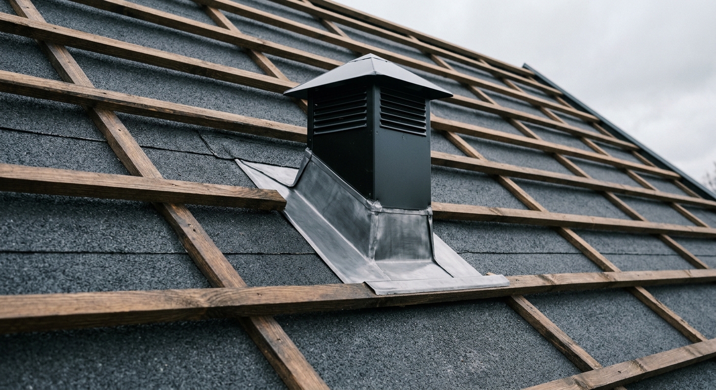 Närbild av noggrant utförd anslutning på listtäckt papptak vid ventilationshuv