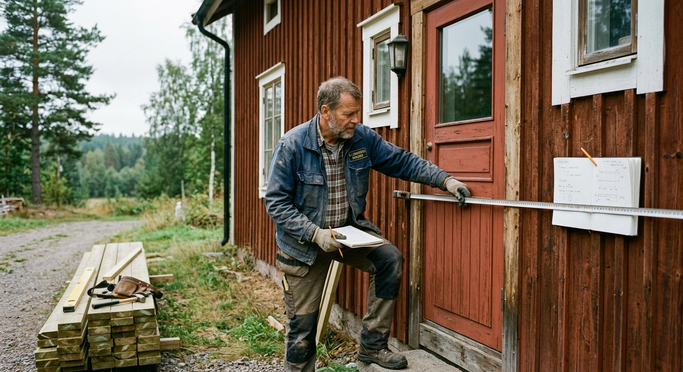 Snickare mäter upp entrén inför bygge av farstukvist på ett svenskt trähus