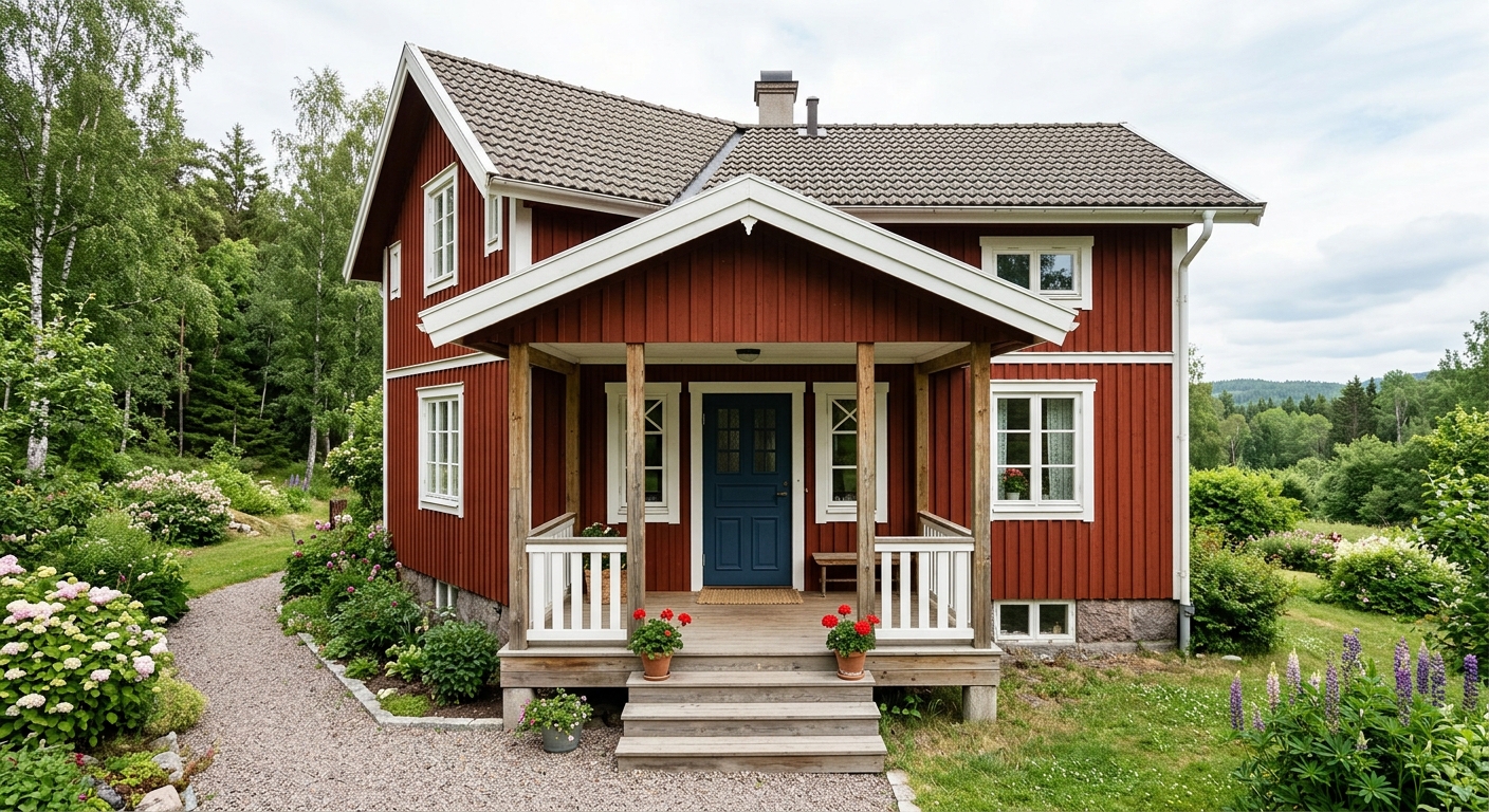 Öppen farstukvist med trästolpar, räcke och sadeltak