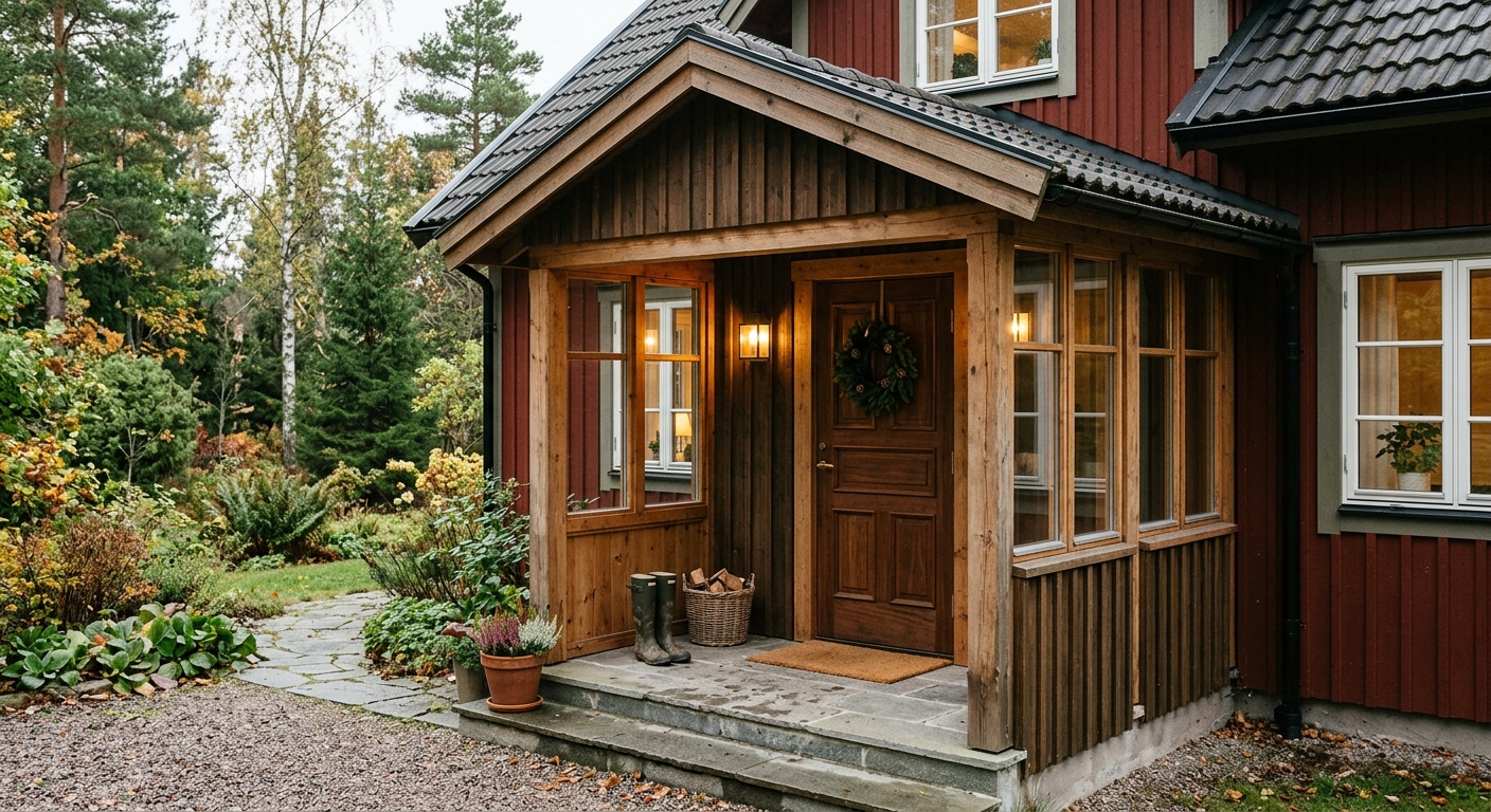 Delvis inbyggd farstukvist med sidoväggar och glaspartier