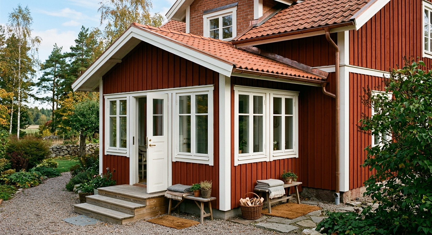 Inbyggd farstukvist med fönster och ytterdörr