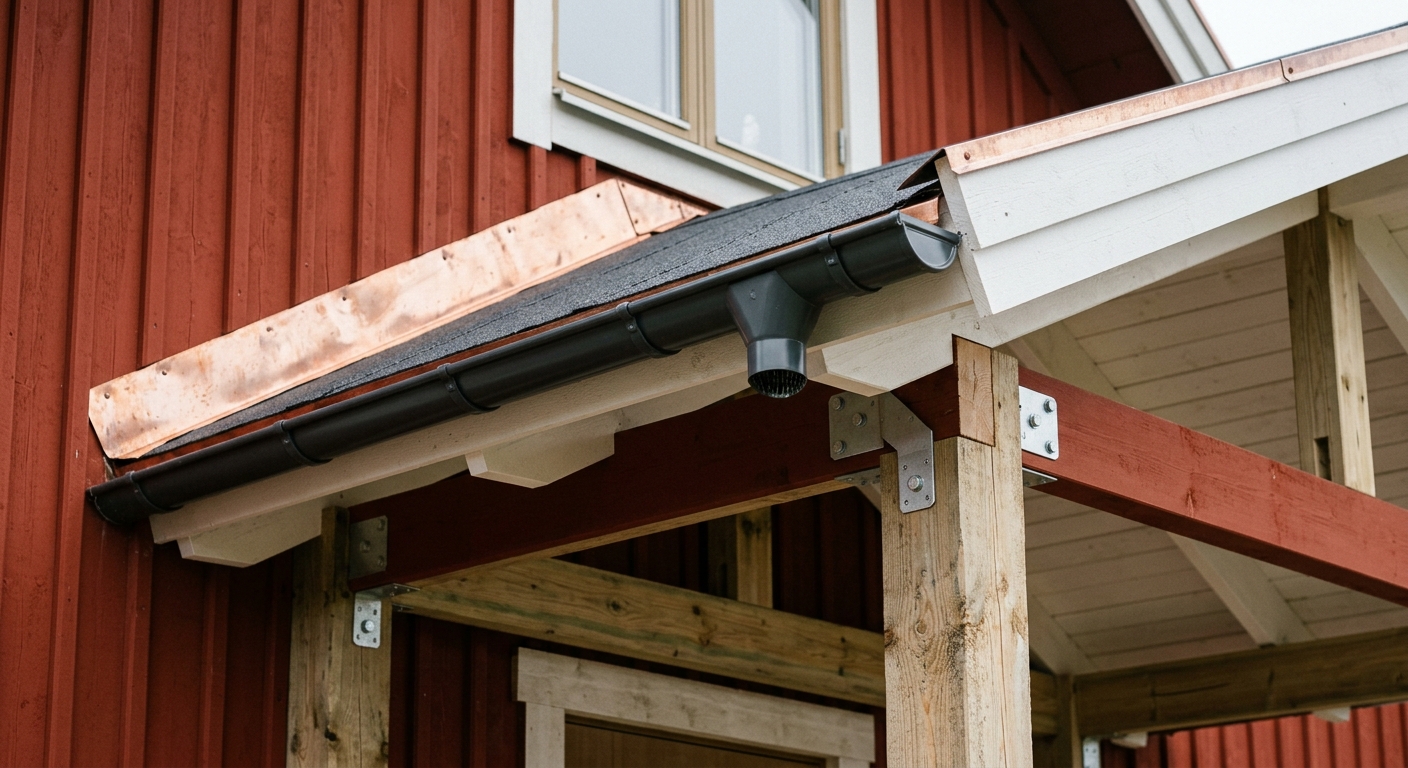 Detalj av takavvattning och träanslutning på en nybyggd farstukvist