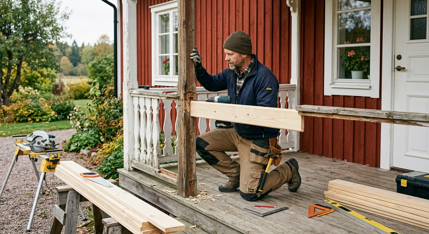 Snickare renoverar räcke och stolpe på en äldre farstukvist