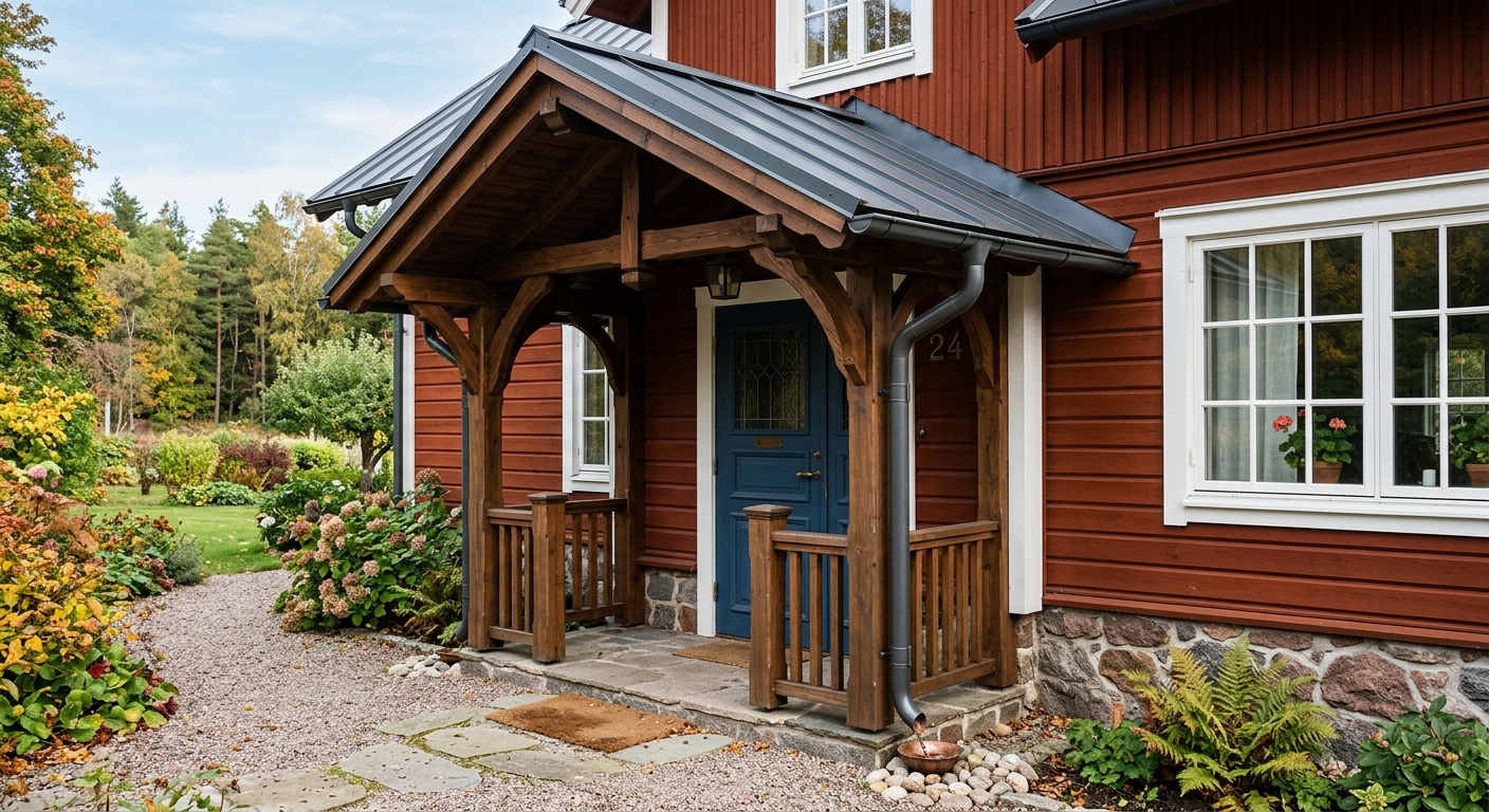 Skärmtak i trä med plåttak över klassisk svensk villaentré
