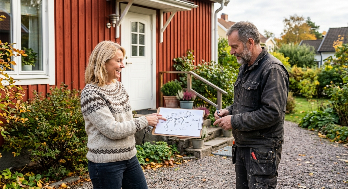 Villaägare och snickare granskar ritning för skärmtak vid en husfasad