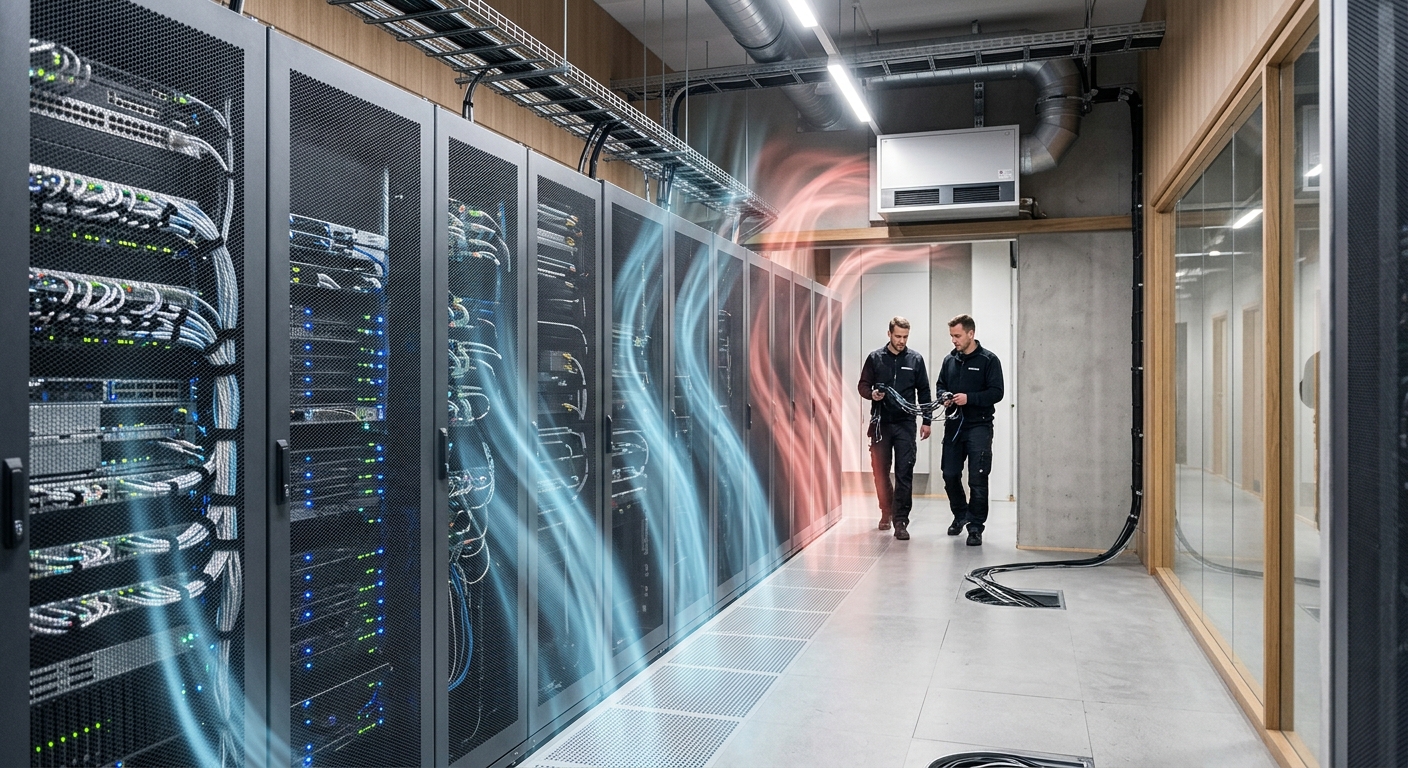 Serverrack med tydlig varm och kall luftseparation i teknikrum