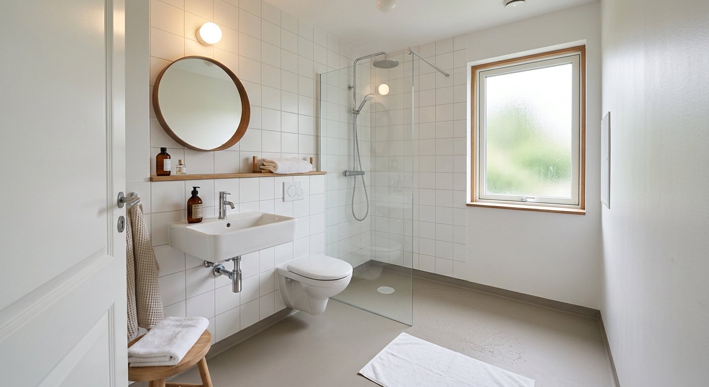 Ljus enfärgad våtrumsmatta i ett litet badrum