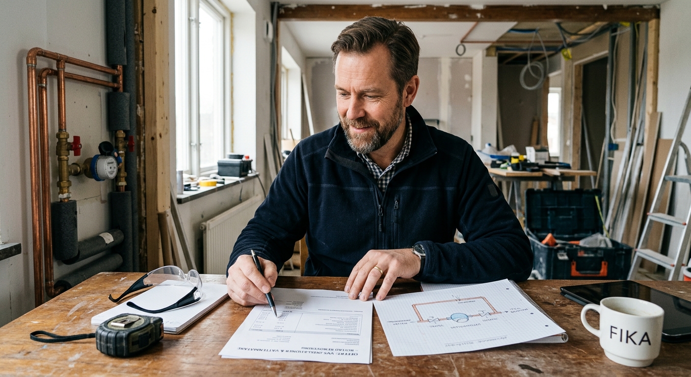 Rörmokare går igenom offert och ritning för en vattenmätarinstallation
