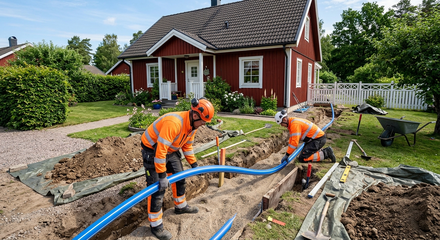 Schaktning och installation av ny vattenledning till villa