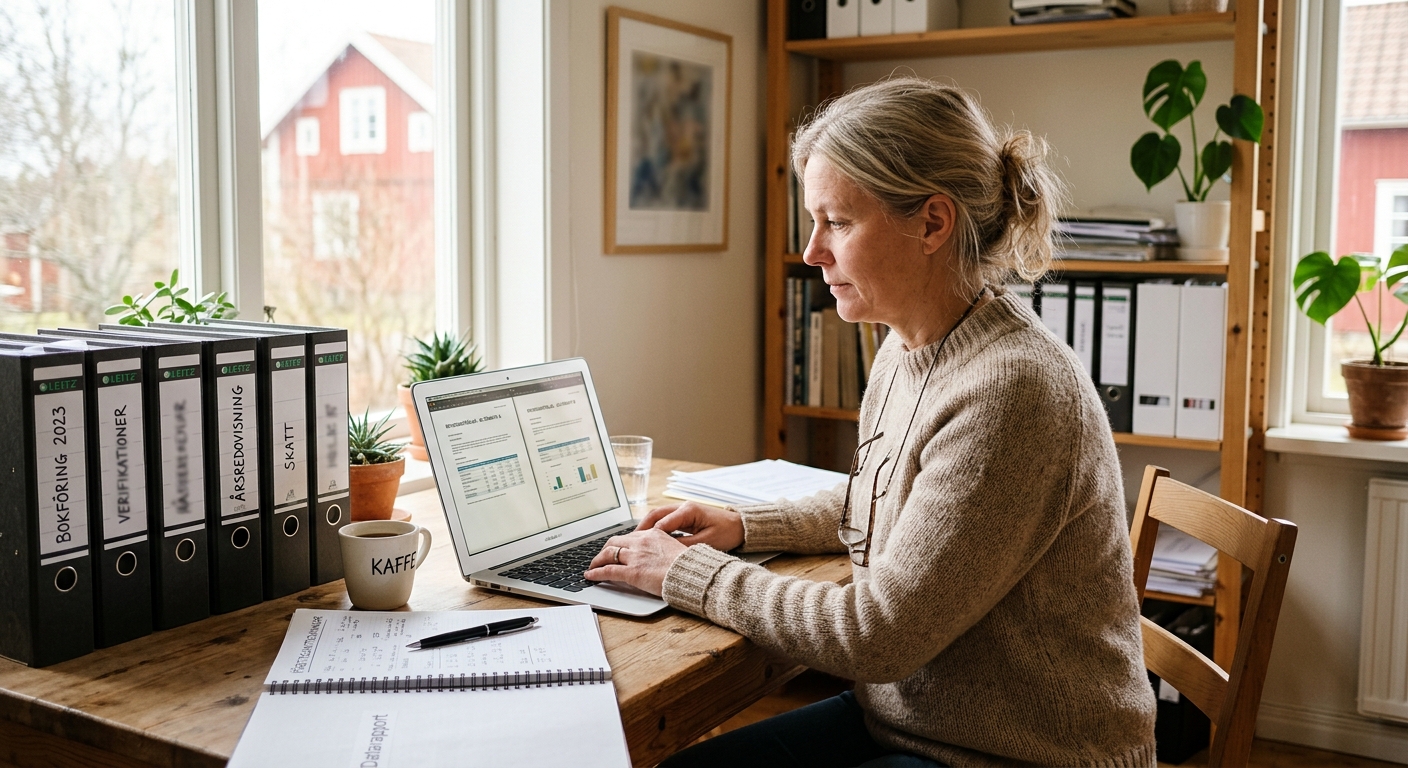 Företagare jämför revisionsofferter på dator och dokument