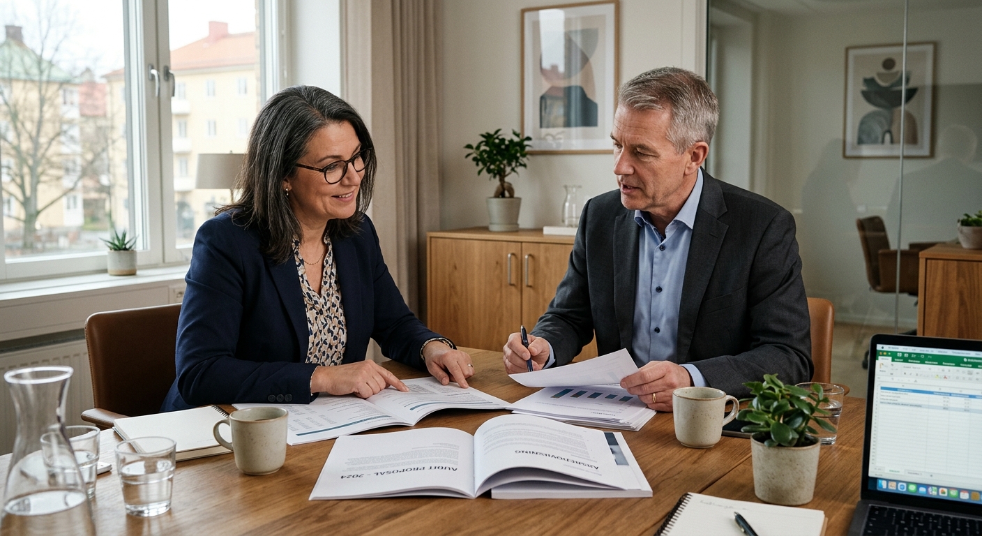 Företagare och revisor jämför offertunderlag på kontor