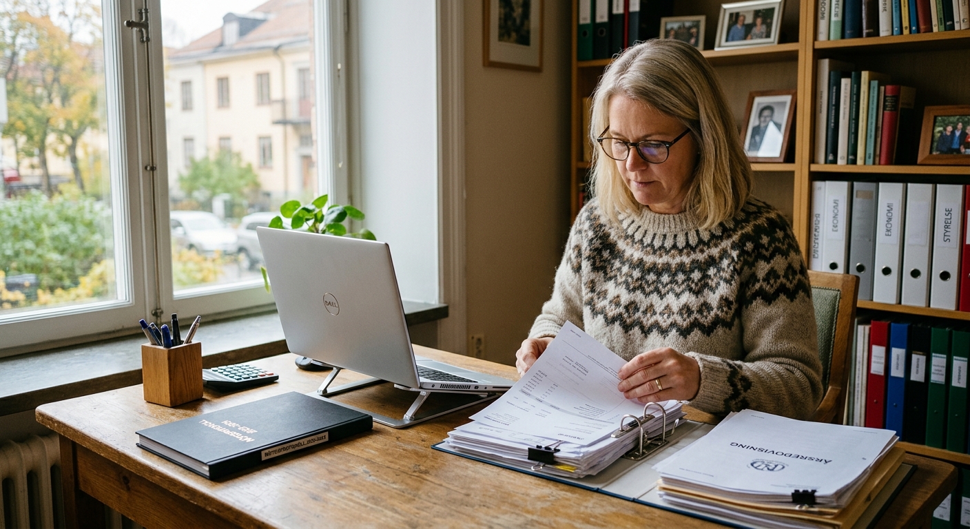 Kassör i ideell förening sorterar bokföringsunderlag inför revision