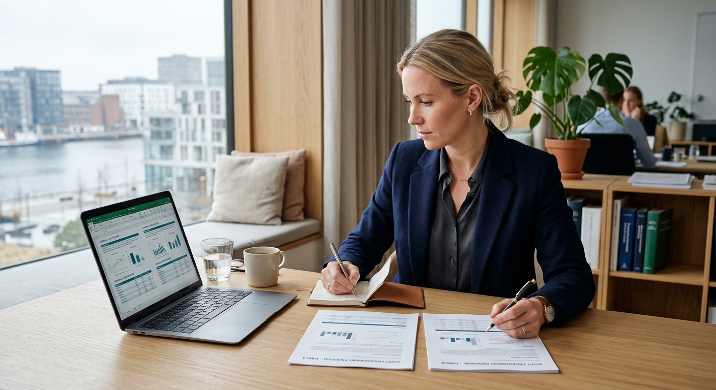Oberoende rådgivare jämför två strukturerade granskningsplaner på en bärbar dator