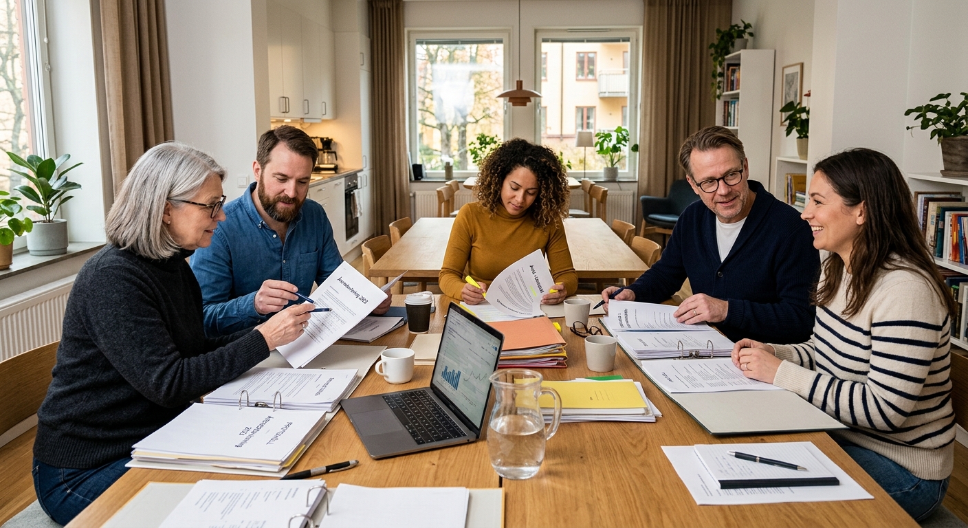 Bostadsrättsförenings styrelse sorterar dokument och protokoll inför en avgränsad granskning
