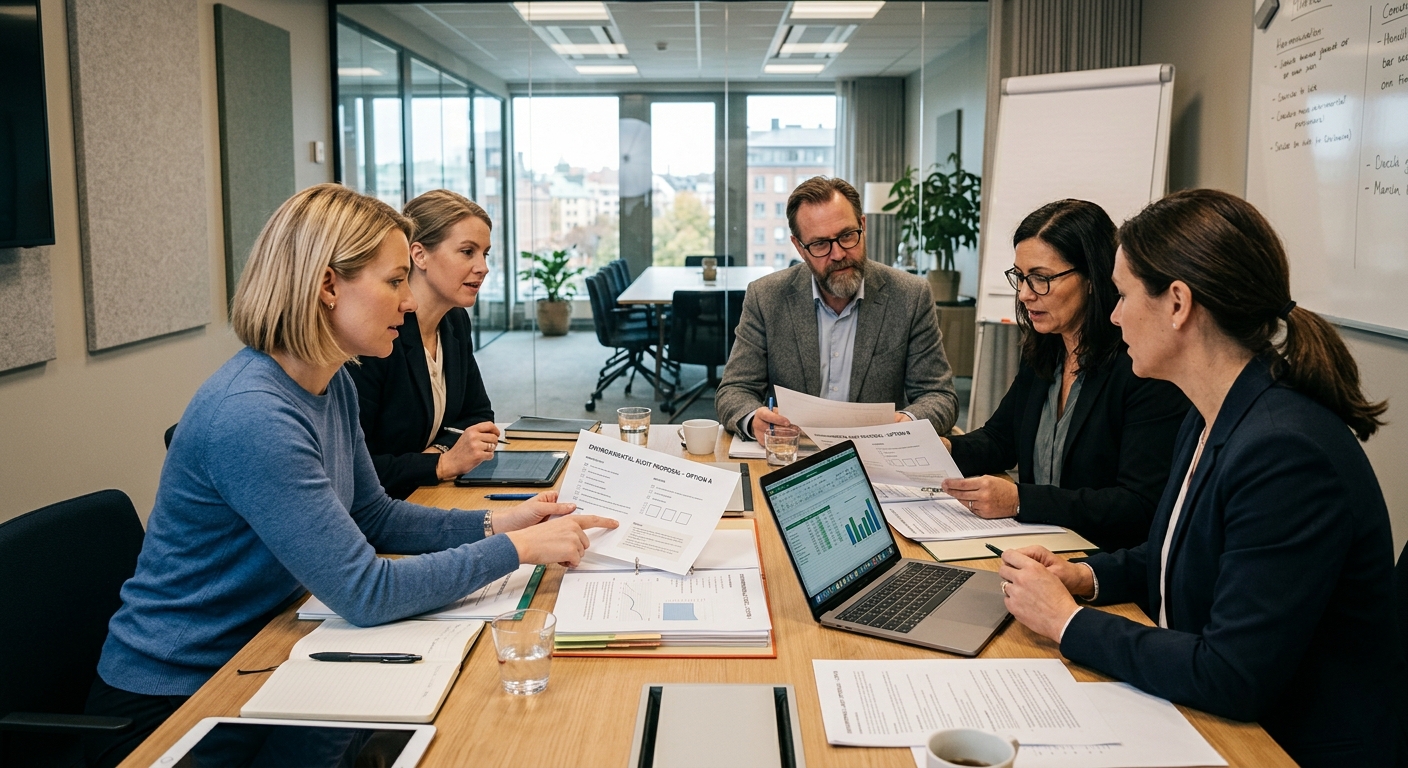 Företagsledning jämför två specificerade offerter för miljörevision