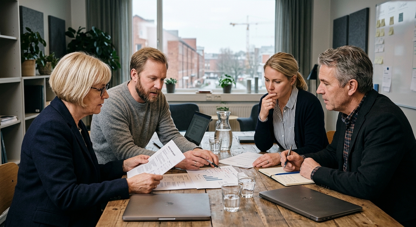 Ledningsgrupp går igenom kvalitetsrevisionsrapport med markerade åtgärdspunkter
