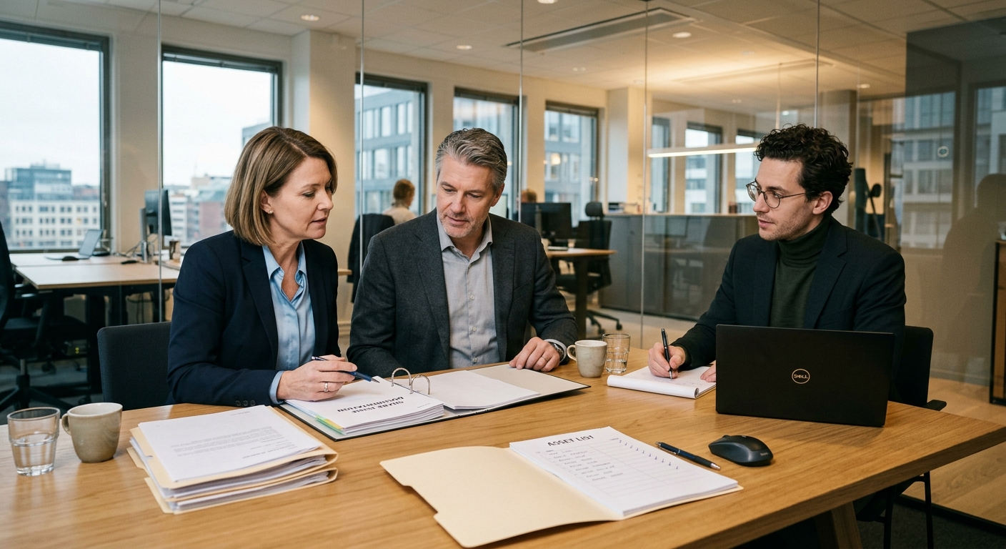 Grundare och revisor går igenom bolagshandlingar inför nyemission