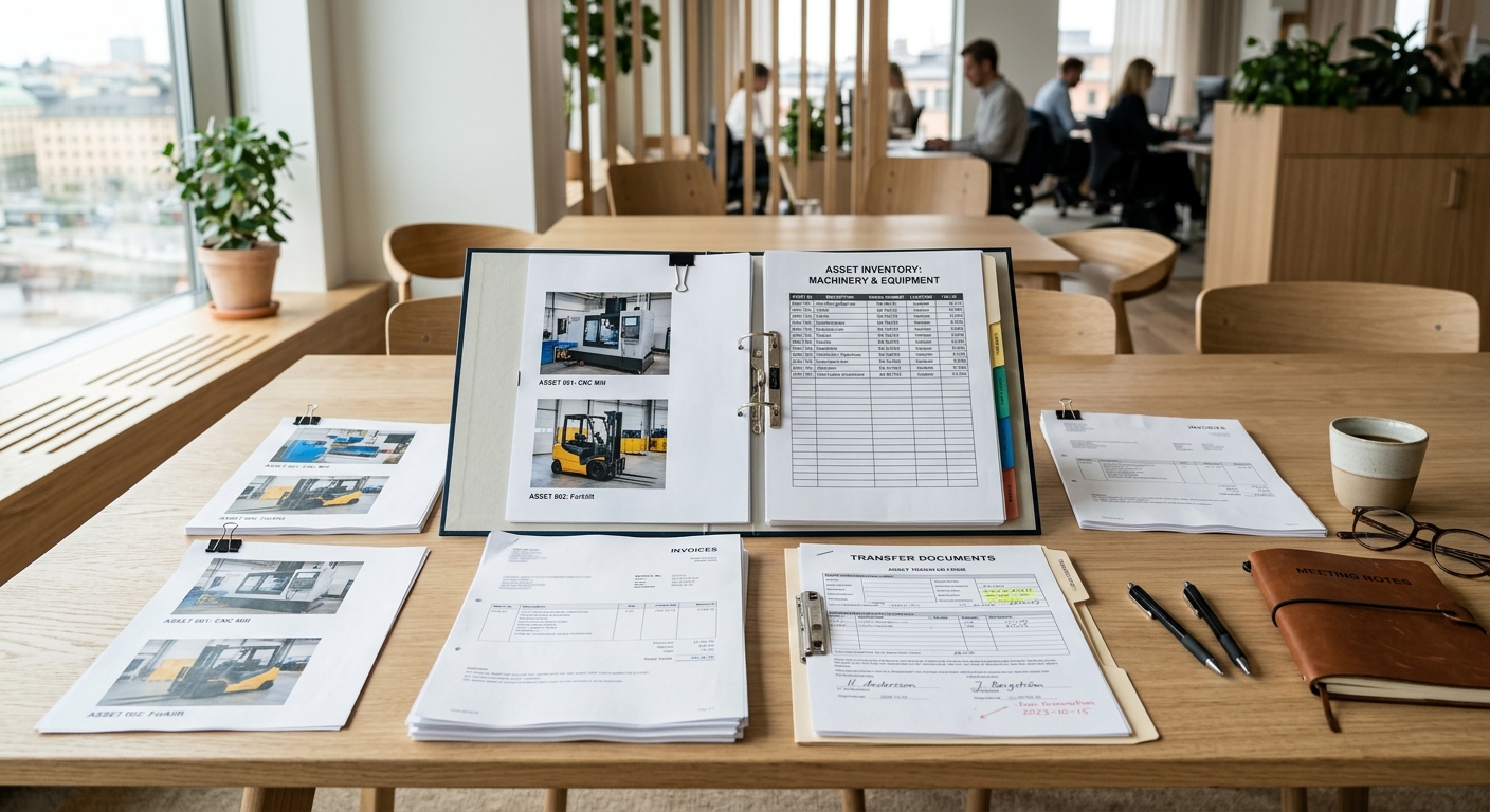 Inventarielista med maskiner och dokument inför apportintyg