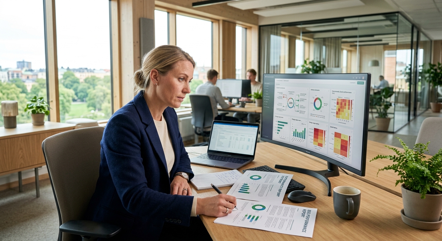 Medarbetare analyserar hållbarhetsdata och nyckeltal på laptop