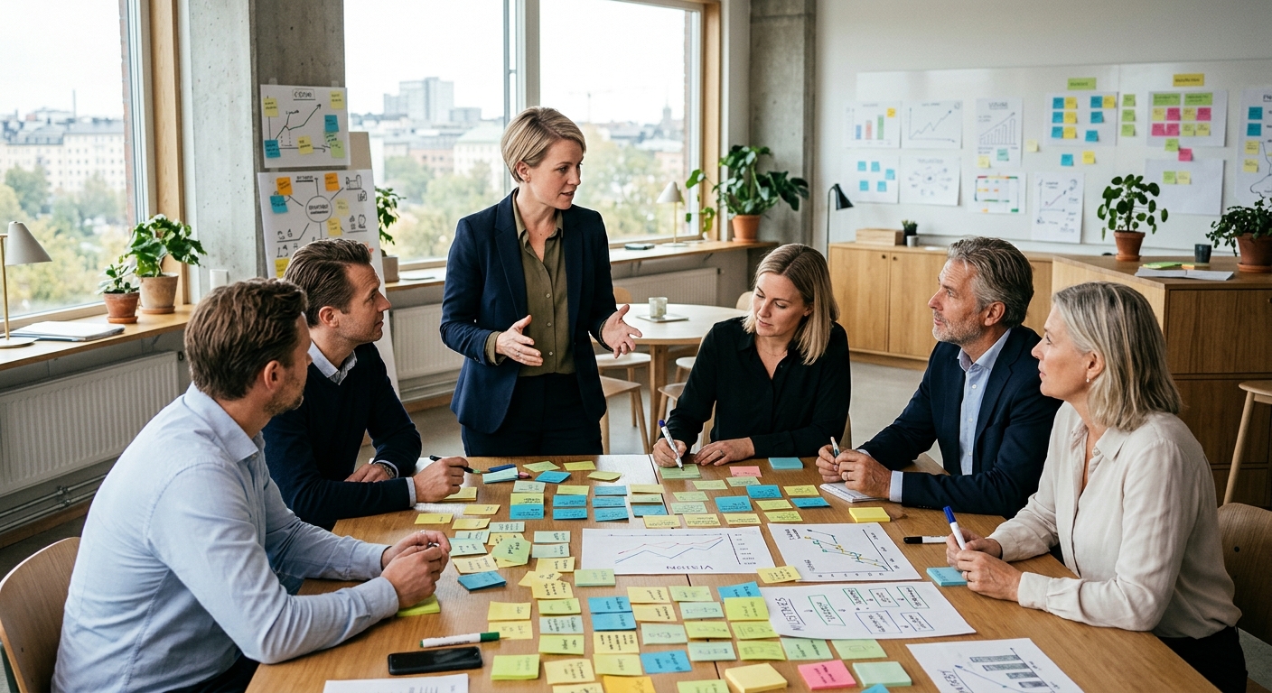 Hållbarhetskonsult leder workshop med prioriterade hållbarhetsfrågor
