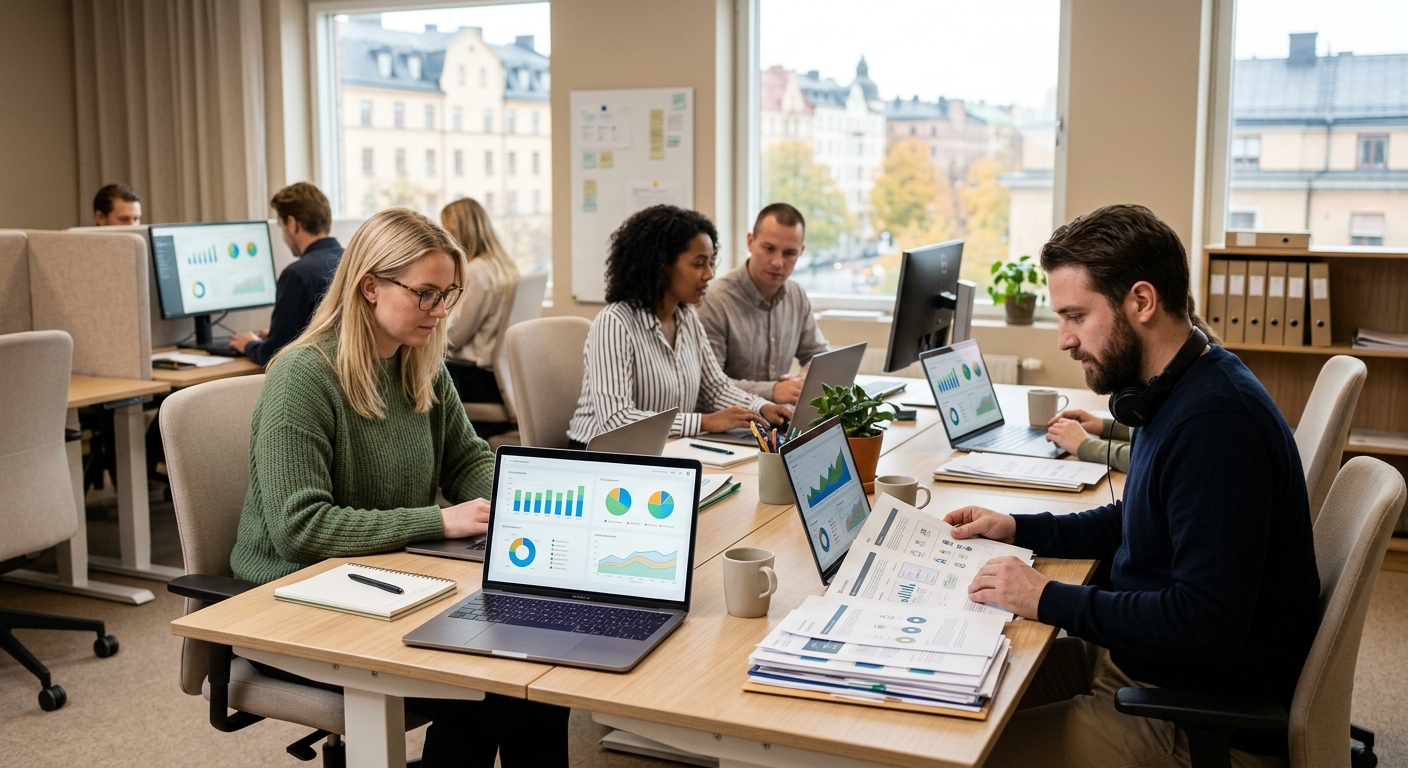 Medarbetare sammanställer ESG-data vid datorer på ett kontor