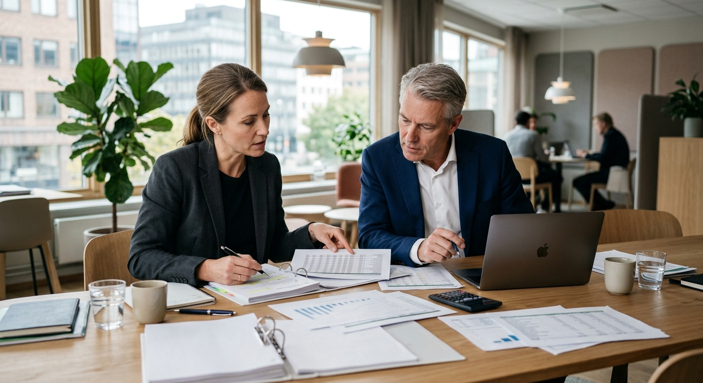 Konsult och ekonomiansvarig kvalitetssäkrar hållbarhetsrapport vid mötesbord