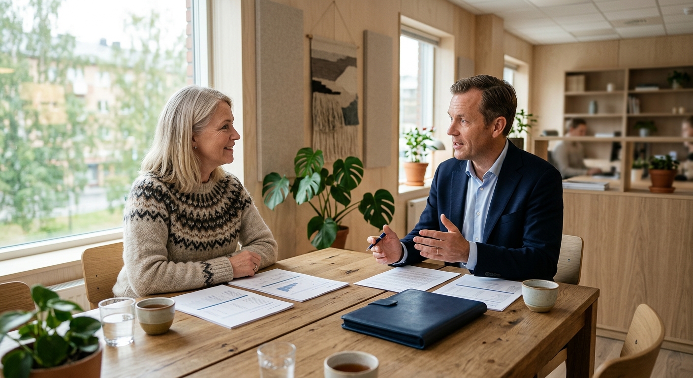 Privatperson och rådgivare som går igenom handlingar på ett svenskt kontor