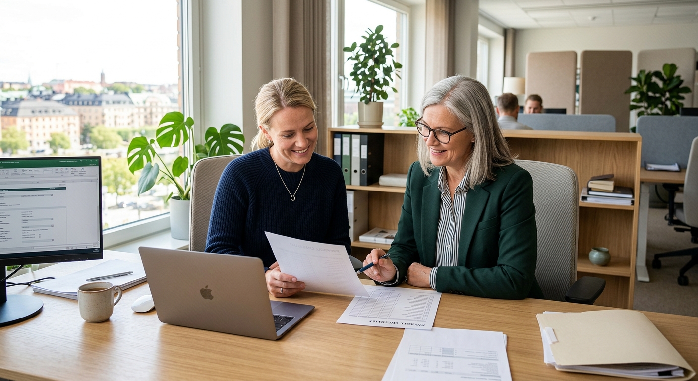 Företagare och redovisningskonsult går igenom deklarationsunderlag