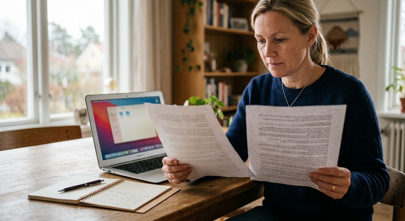 Person jämför utskrivna dokument med uppgifter på en datorskärm