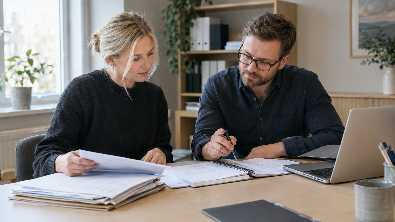 Två personer går igenom papper och en kalender vid ett skrivbord i ett ljust kontor