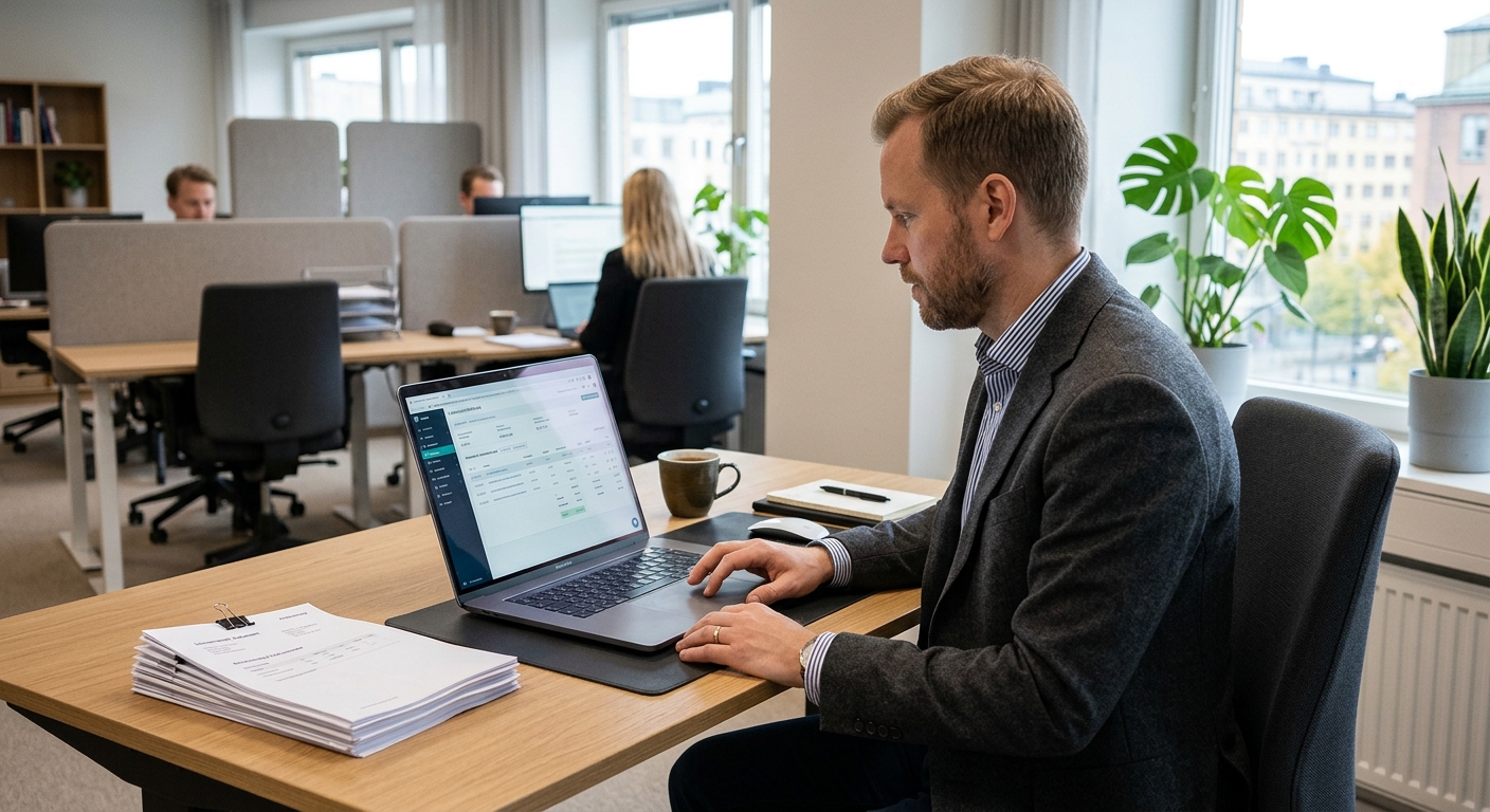 Ekonomimedarbe­tare granskar digitala leverantörsfakturor på en datorskärm