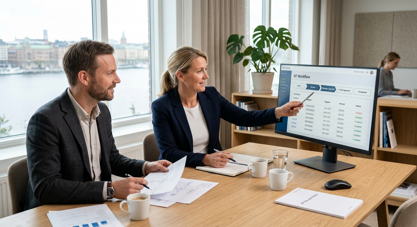 Två personer går igenom ett digitalt attestflöde för leverantörsfakturor