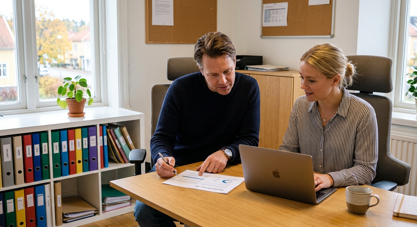 Två personer som jämför dokument vid en dator på ett mindre kontor