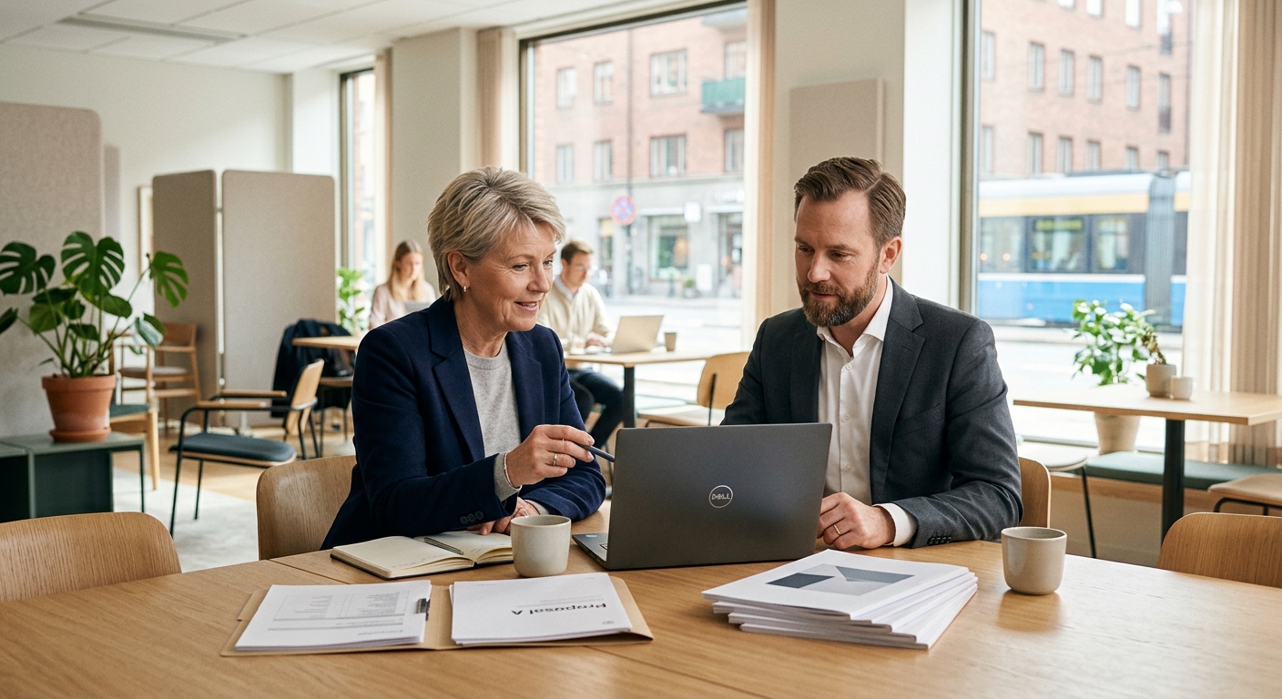 Redovisningskonsult och företagare jämför bokslutsofferter på en datorskärm