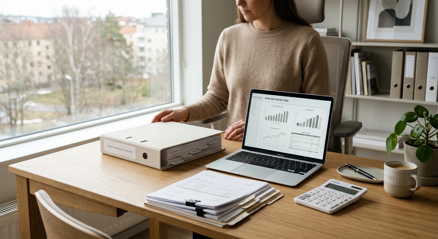 Färdigt årsbokslut med dator, pärm och organiserade ekonomidokument