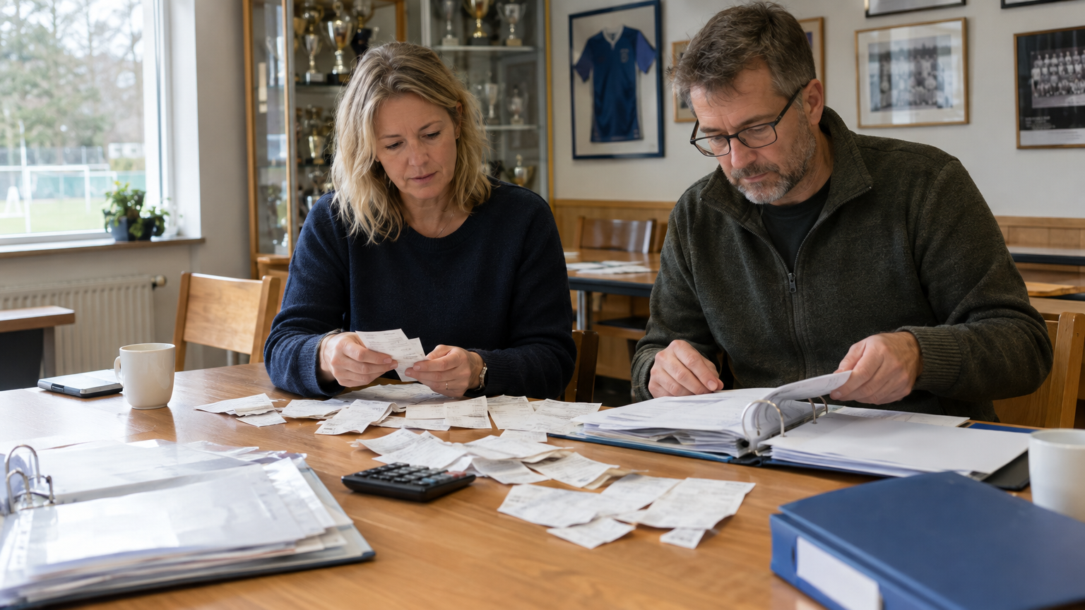Två styrelseledamöter som sorterar kvitton och pärmar inför föreningens bokslut