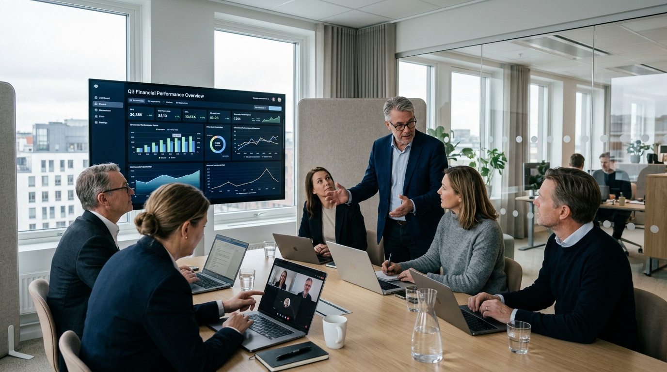 CFO-konsult arbetar med digital rapportering tillsammans med ett ekonomiteam