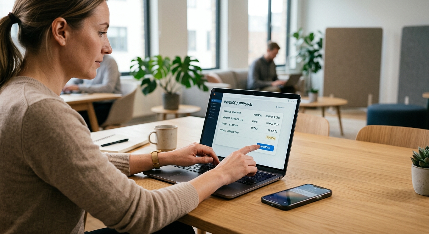 Digital attest av faktura i ett ekonomisystem på laptop och mobil