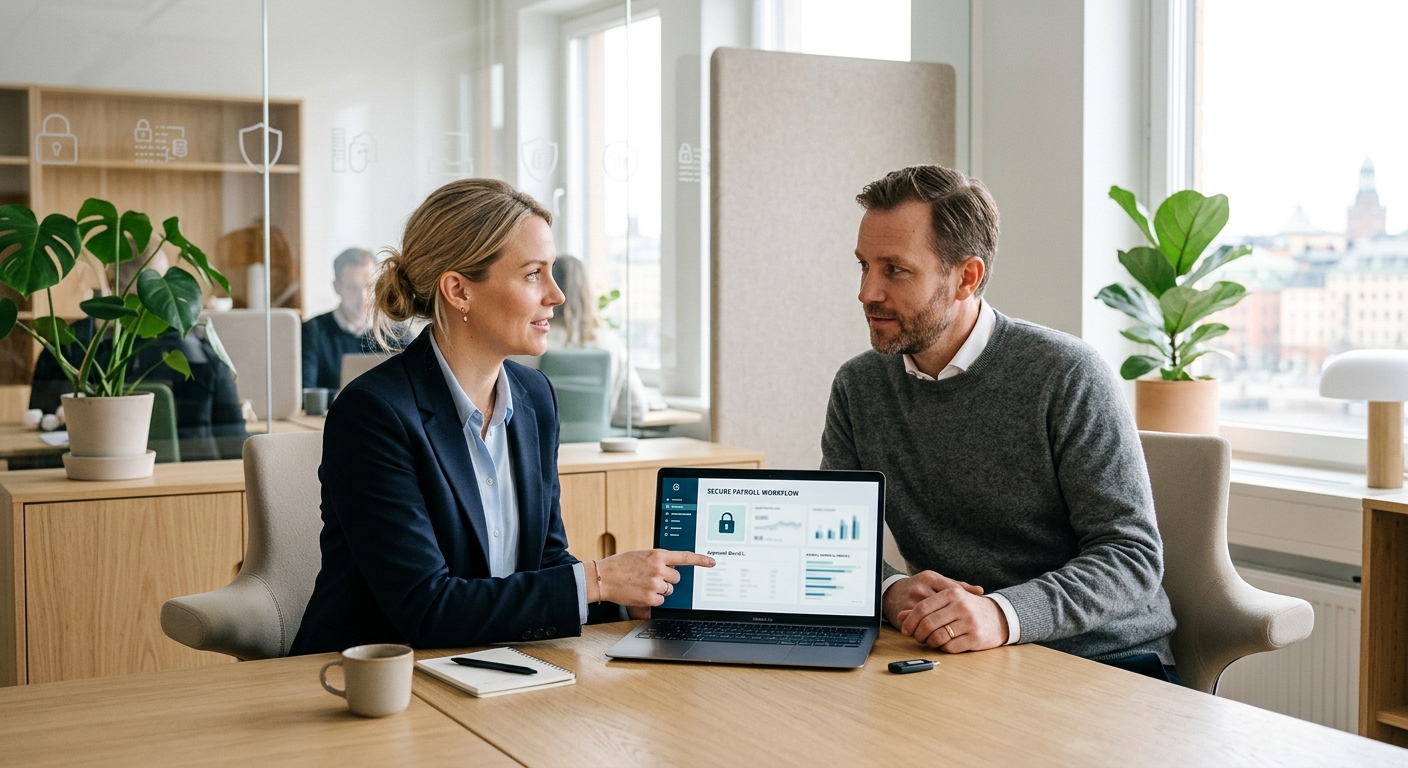 Två personer går igenom en säker digital löneprocess på kontor