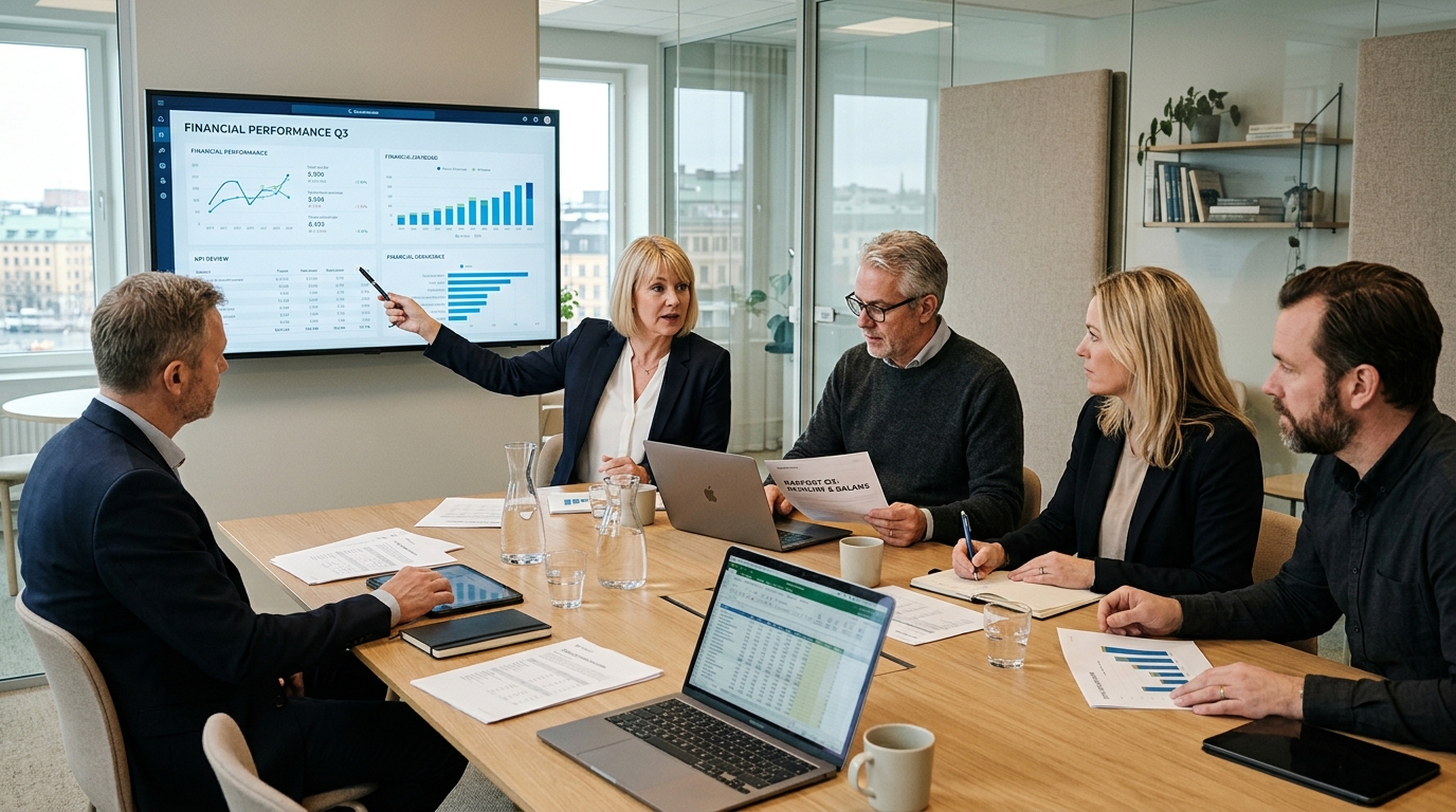 Controller och företagsledare analyserar ekonomirapporter vid ett mötesbord