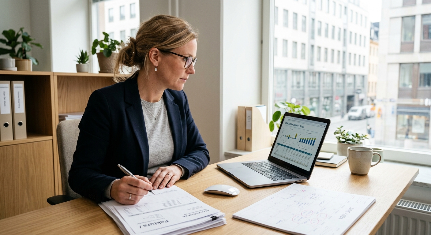 Ekonomiansvarig som arbetar med likviditetsprognos på laptop vid skrivbord