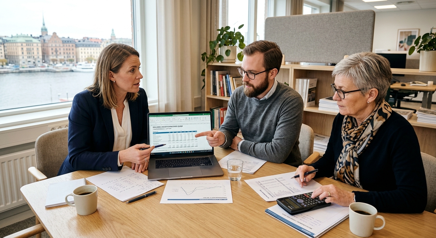 Ekonomiteam följer upp likviditetsplan vid ett mötesbord