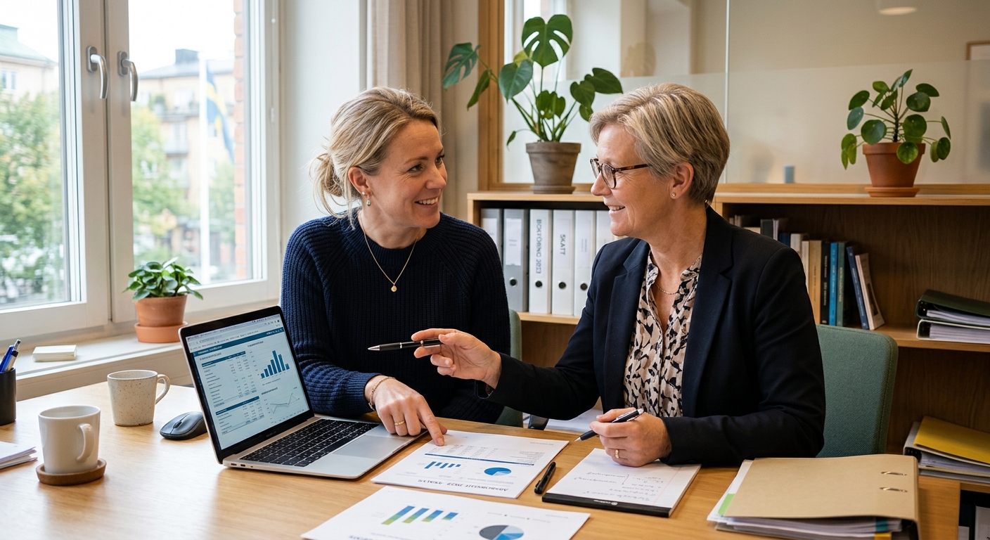 Företagare och rådgivare går igenom ekonomiskt underlag på en laptop