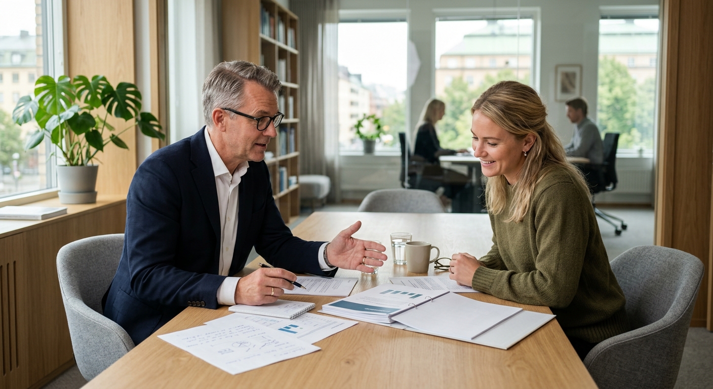 Rådgivare och företagare jämför offertunderlag för momshantering