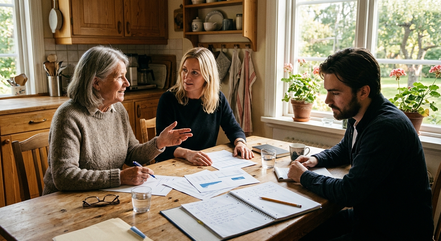 Familjeföretagare som diskuterar generationsskifte vid ett köksbord